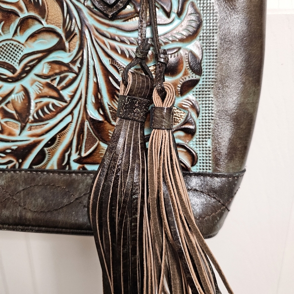 Patricia Nash Burnished Cutout Tooled Tourquoise Adaline Tote w/ Matching Pouch - Picture 4 of 14